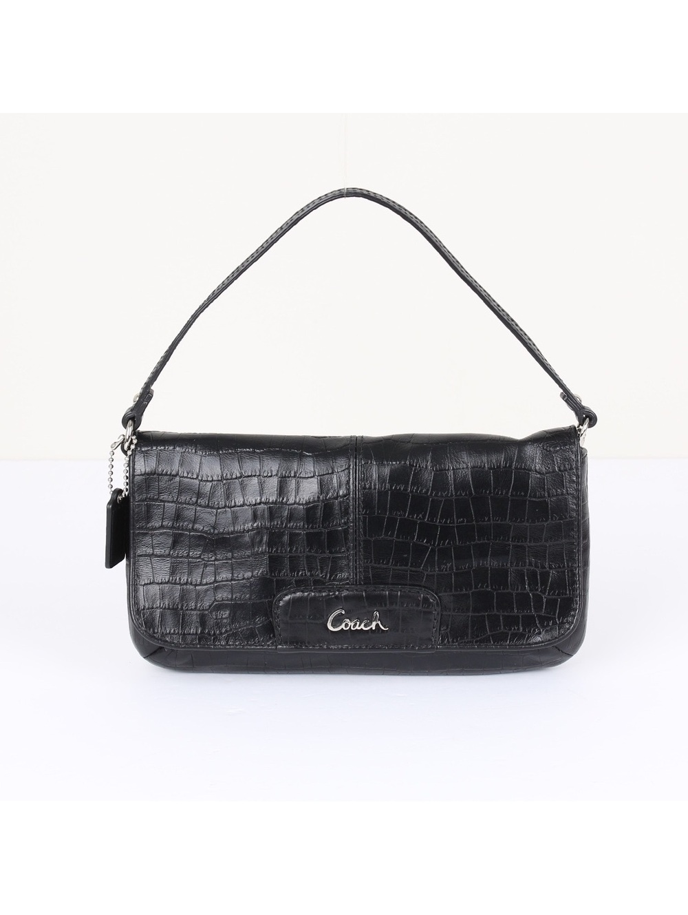 Coach Black Crocodile Embossed Leather Small Bag Silver Script Logo